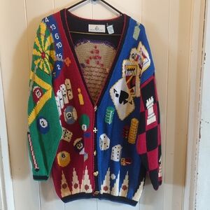 Design Options Vintage Casino Game Gambling Vegas Cardigan Sweater Sz. XL